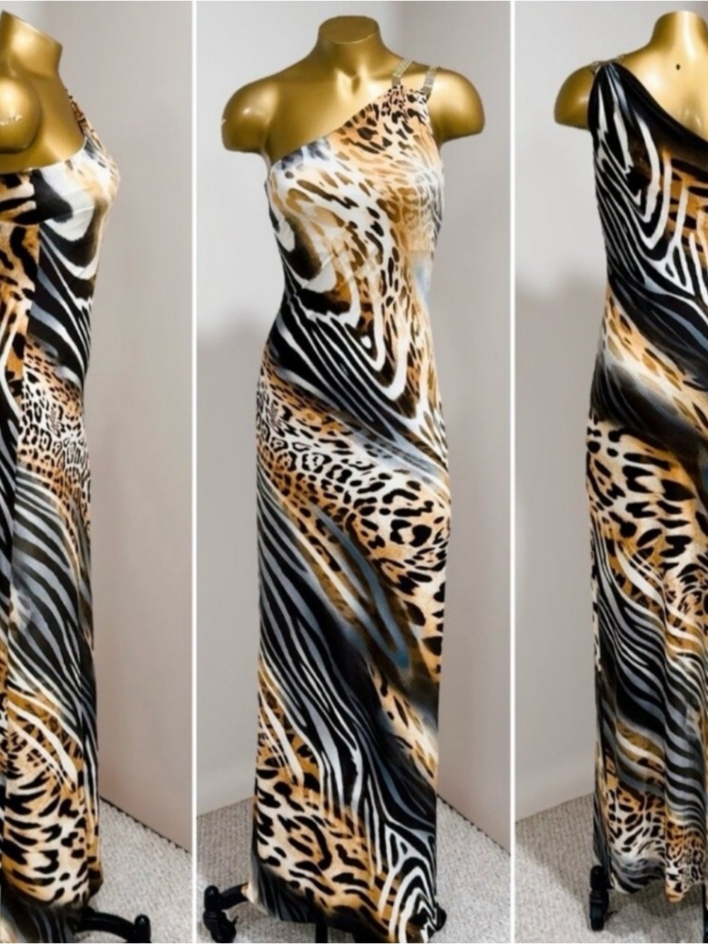 Cache One-Shoulder Animal Print Maxi Dress in Black, Tan, White